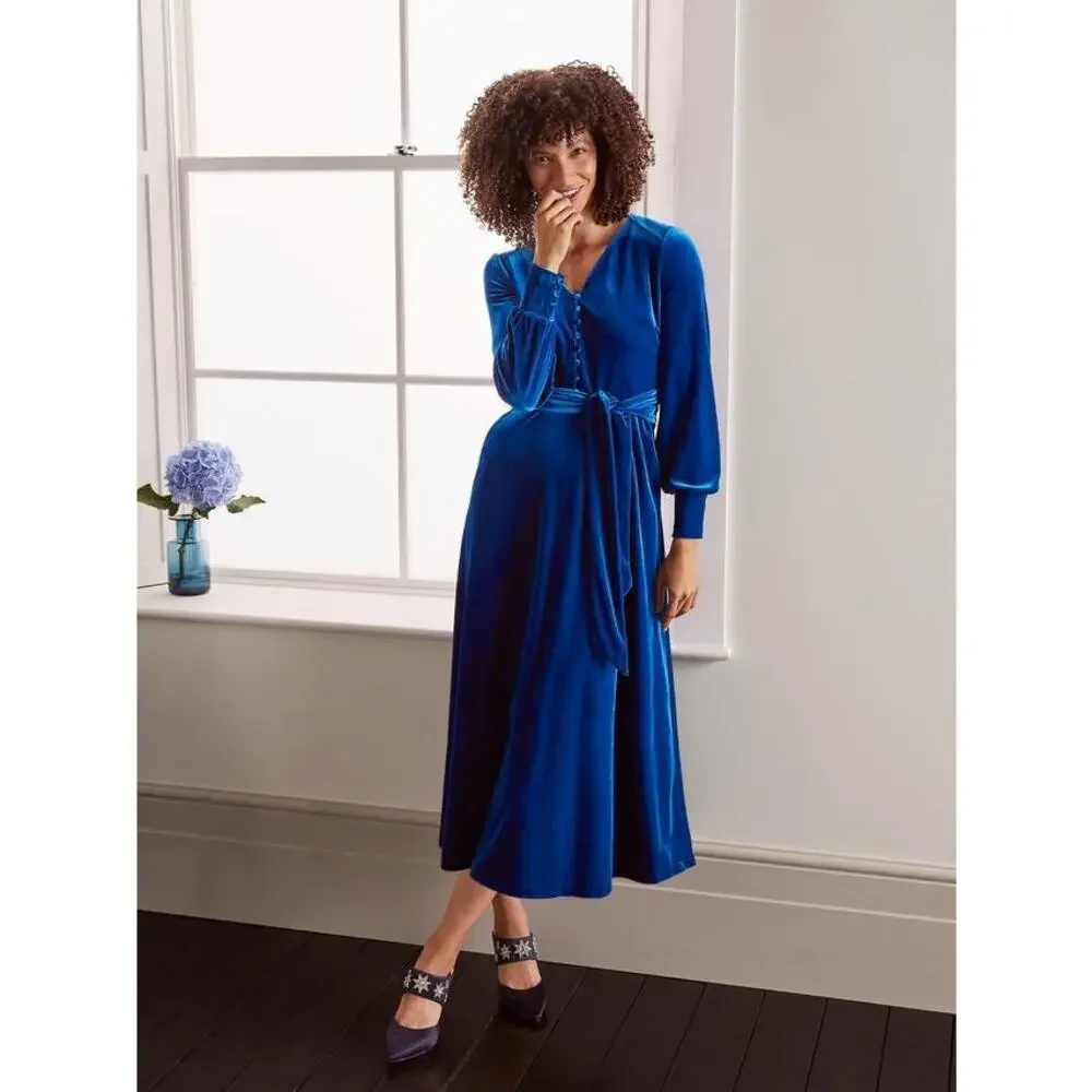 Boden Rita Velvet Maxi Dress Blue Depths A-Line Size 6R Elegant Stretch